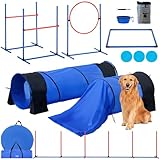 VEVOR Agility Set Hunde, 7-teiliges Set mit verstellbaren hohen Hürden, 6 Slalomstangen, 2 Tunneln, Sprungring, Pausenbox, 3 Frisbees, Pfeife, faltbarem Napf, Hindernisparcours-Set mit Taschen